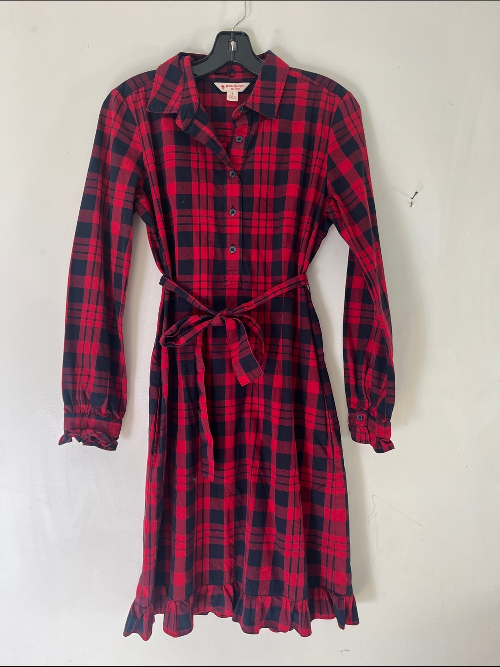 Brooks Brothers Red and Black Plaid Button-Front Shirt Dress ruffle hem preppy